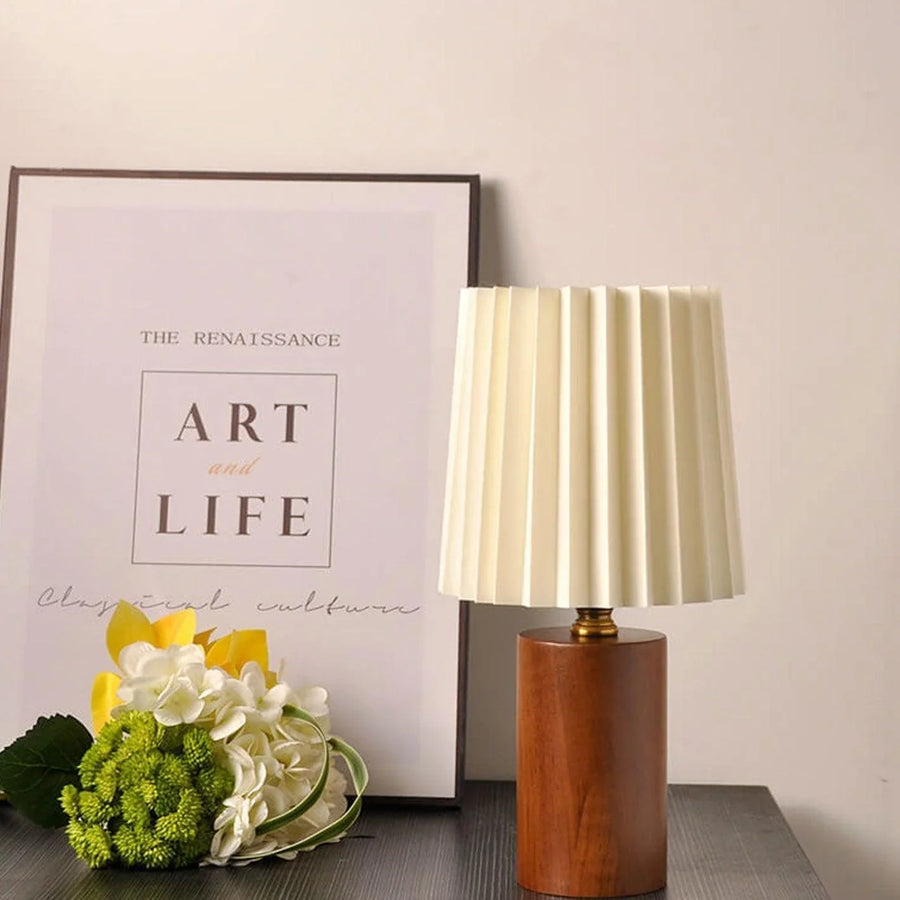 Vintage Korean Pleated Fabric Cylinder LED Table Lamp