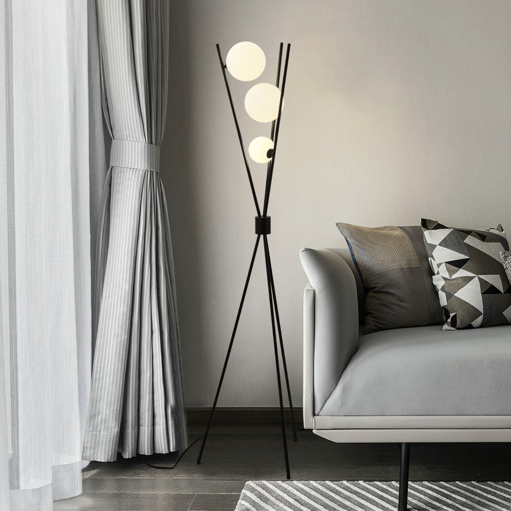 Black Tripod Floor Lamp with Three Glass Shades