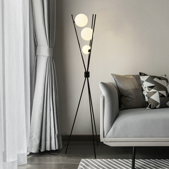 Black Tripod Floor Lamp with Three Glass Shades
