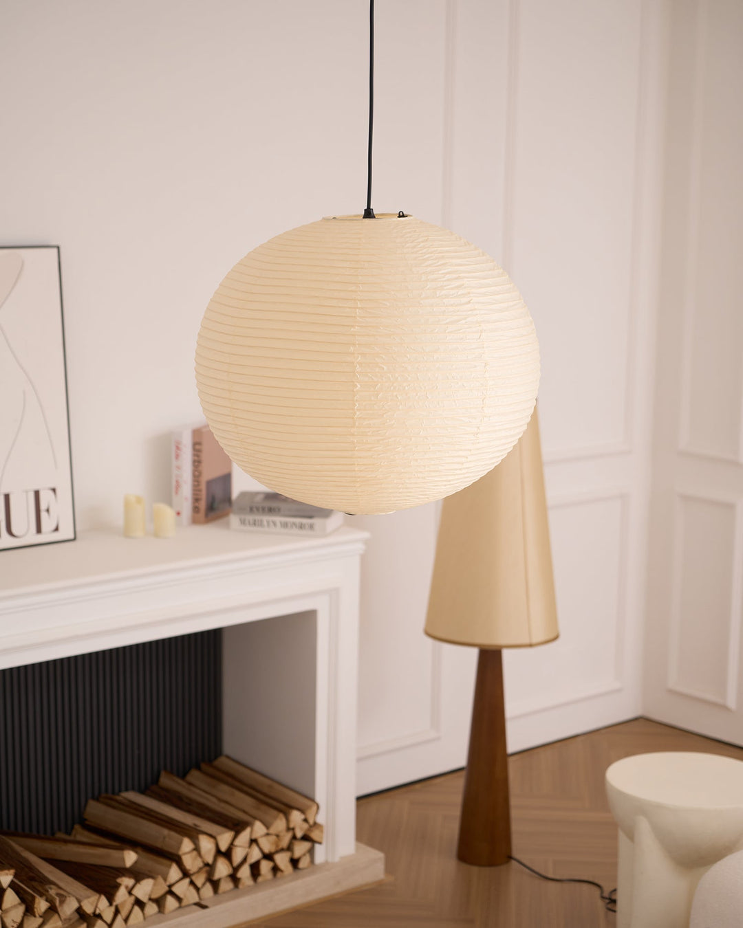 Rice Paper Globe Pendant Lights With Ribbed Shade