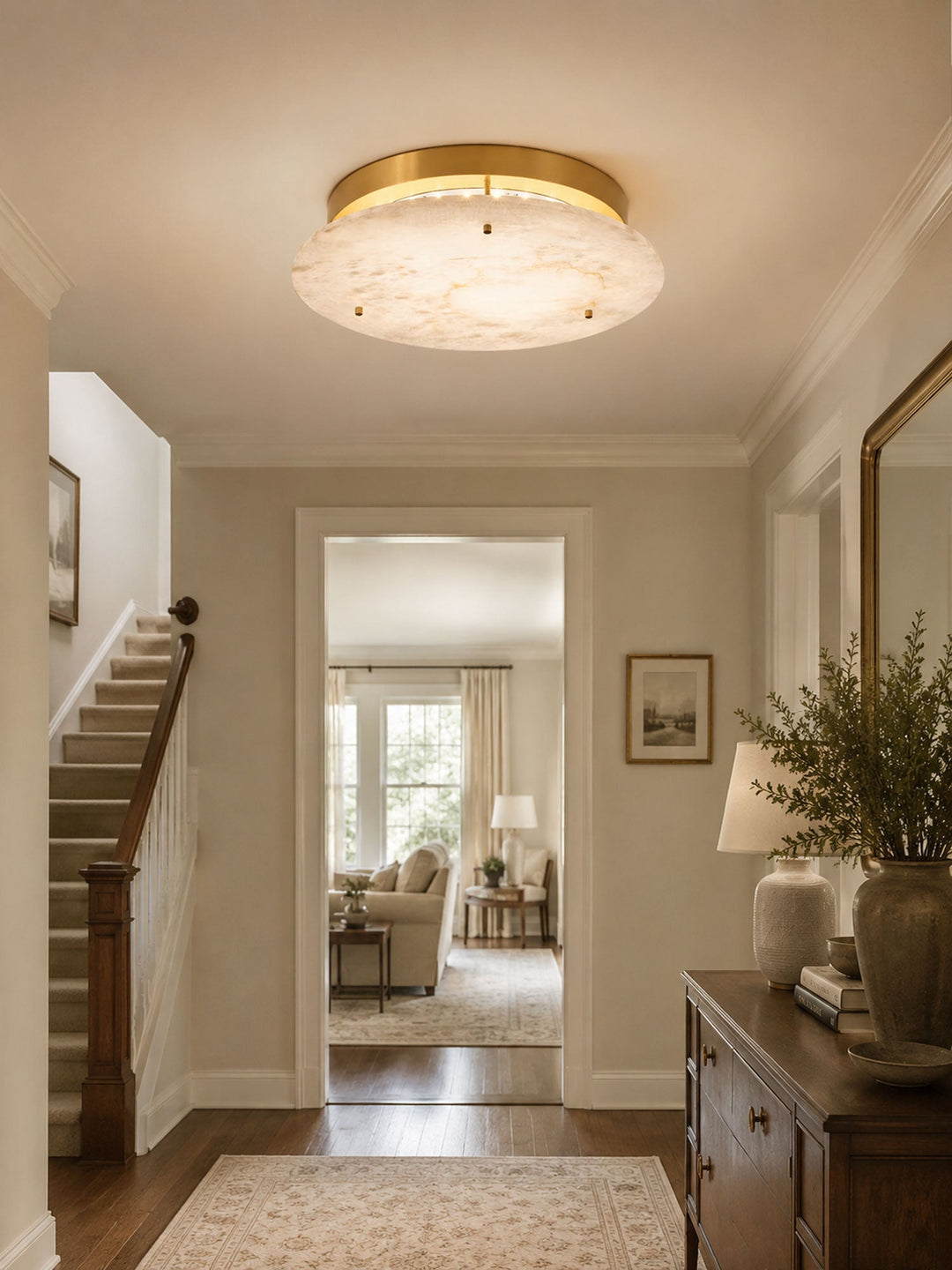 Floating Alabaster Disc Flush Ceiling Light | Brass, 4 Sizes