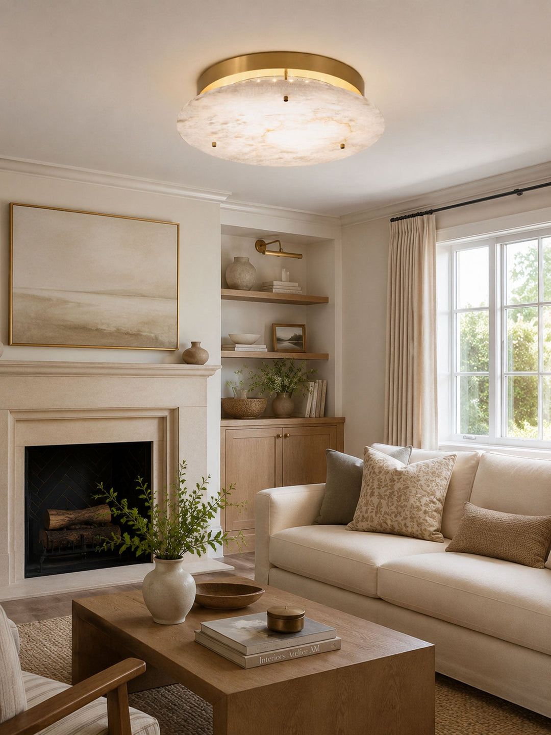 Floating Alabaster Disc Flush Ceiling Light | Brass, 4 Sizes