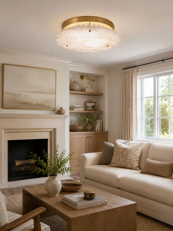 Floating Alabaster Disc Flush Ceiling Light | Brass, 4 Sizes