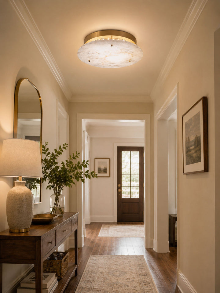 Floating Alabaster Disc Flush Ceiling Light | Brass, 4 Sizes