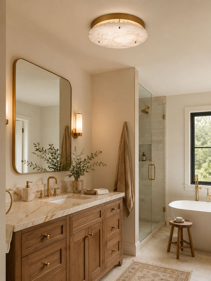 Floating Alabaster Disc Flush Ceiling Light | Brass, 4 Sizes
