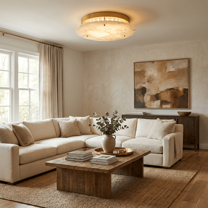 Floating Alabaster Disc Flush Ceiling Light | Brass, 4 Sizes