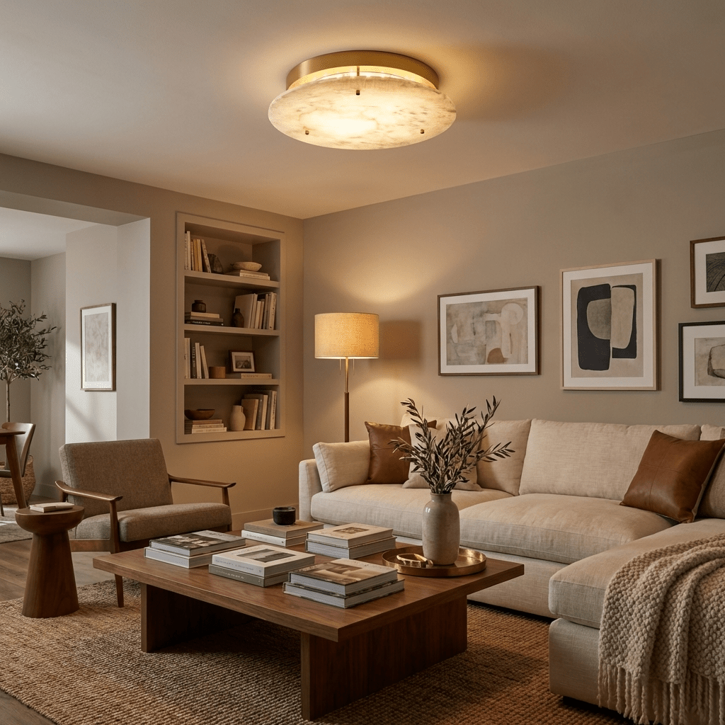 Floating Alabaster Disc Flush Ceiling Light | Brass, 4 Sizes