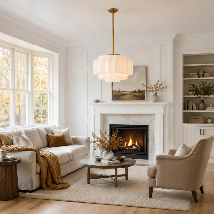 Antique Brass Tiered Opal White Glass Pendant Light
