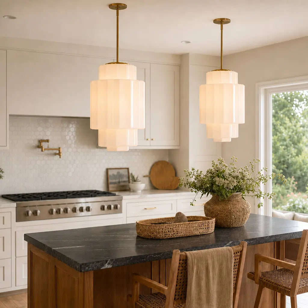 Antique Brass Tiered Opal White Glass Pendant Light