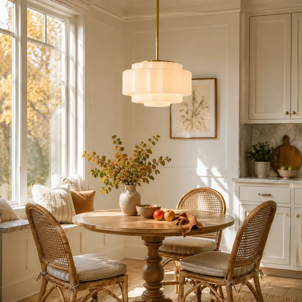 Antique Brass Tiered Opal White Glass Pendant Light