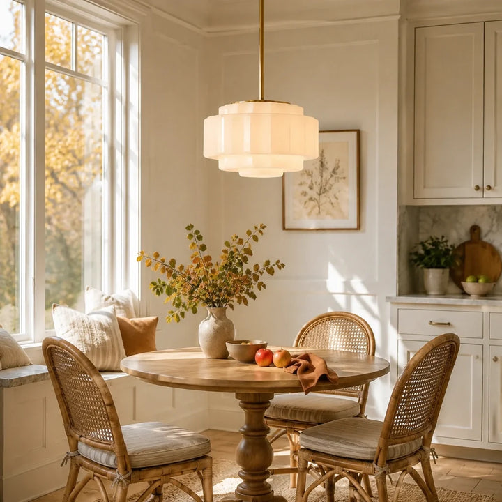 Antique Brass Tiered Opal White Glass Pendant Light