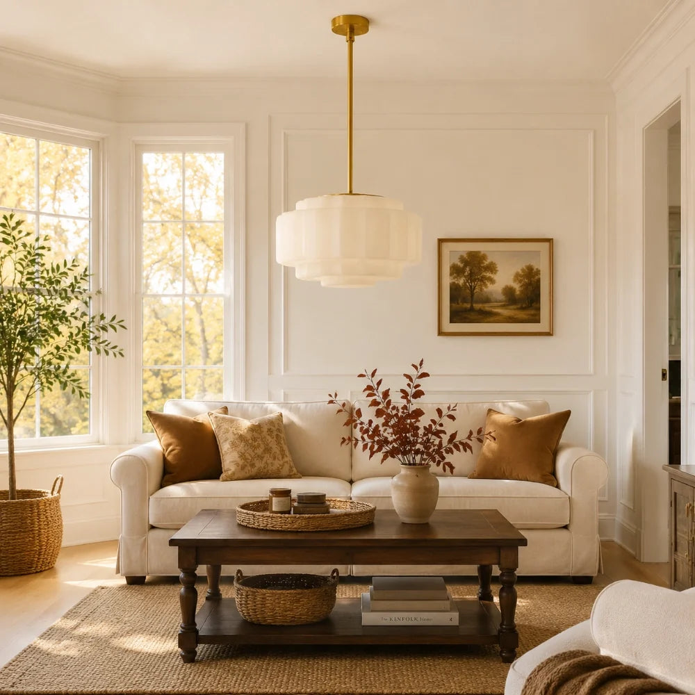Antique Brass Tiered Opal White Glass Pendant Light