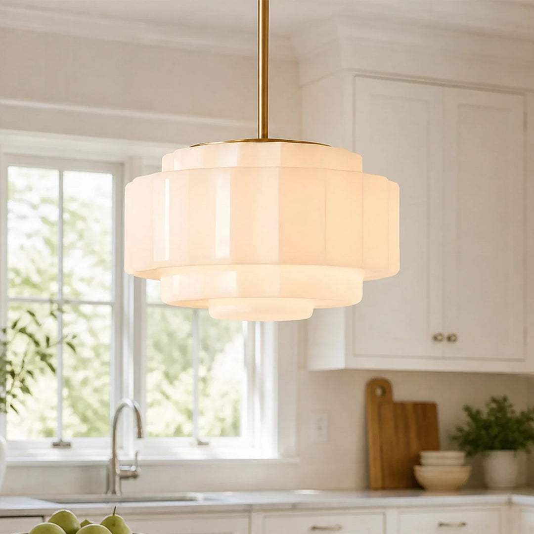 Antique Brass Tiered Opal White Glass Pendant Light