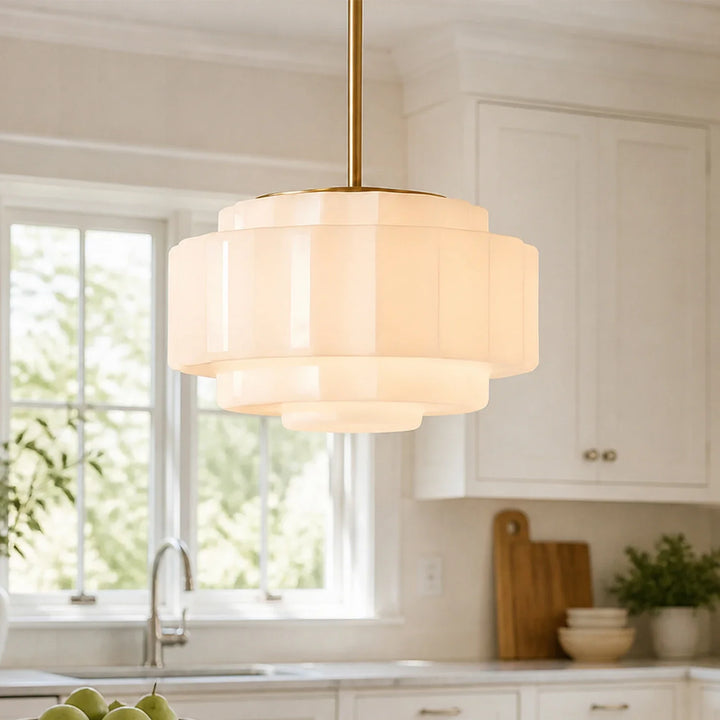 Antique Brass Tiered Opal White Glass Pendant Light
