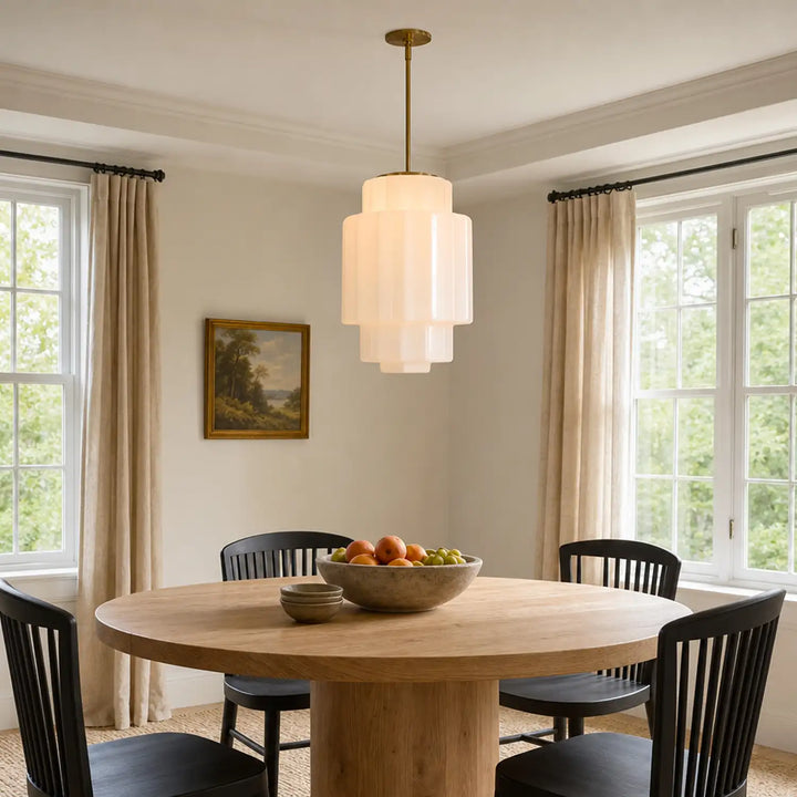 Antique Brass Tiered Opal White Glass Pendant Light