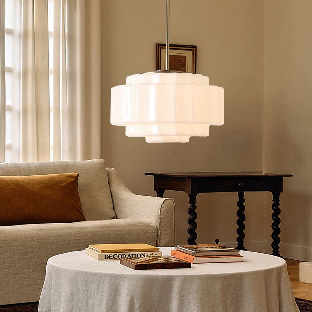 Antique Brass Tiered Opal White Glass Pendant Light