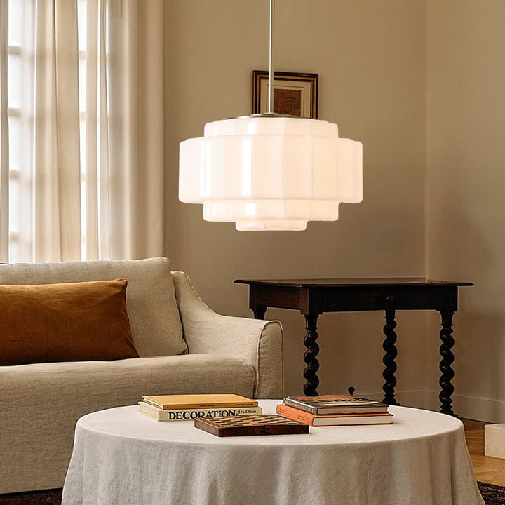 Antique Brass Tiered Opal White Glass Pendant Light