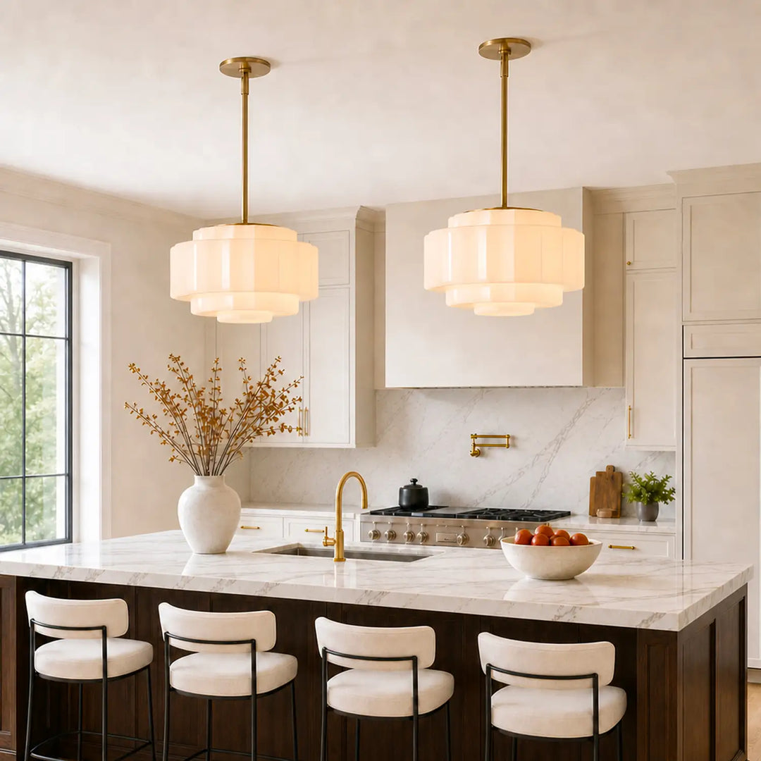 Antique Brass Tiered Opal White Glass Pendant Light