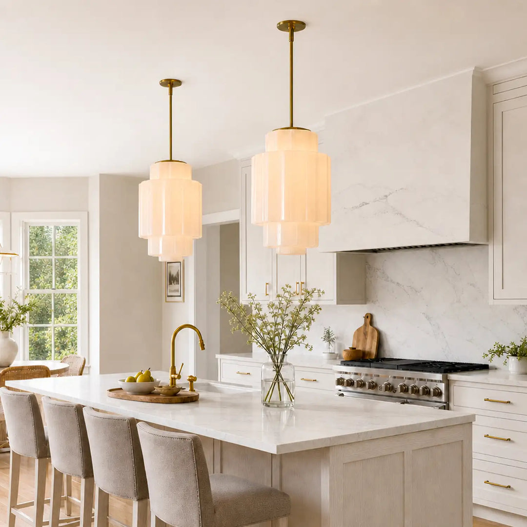 Antique Brass Tiered Opal White Glass Pendant Light