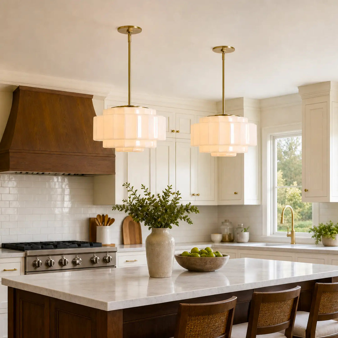 Antique Brass Tiered Opal White Glass Pendant Light