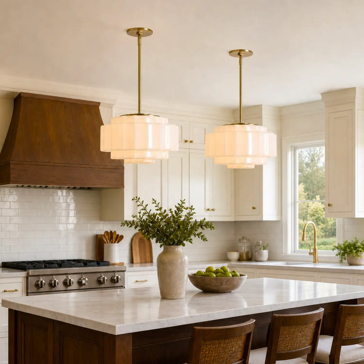 Antique Brass Tiered Opal White Glass Pendant Light