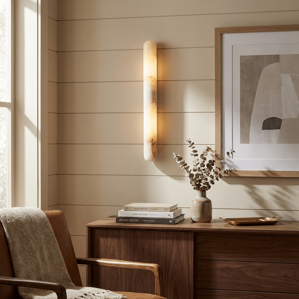 Slim Alabaster Cylinder Wall Light | White, Integrated LED