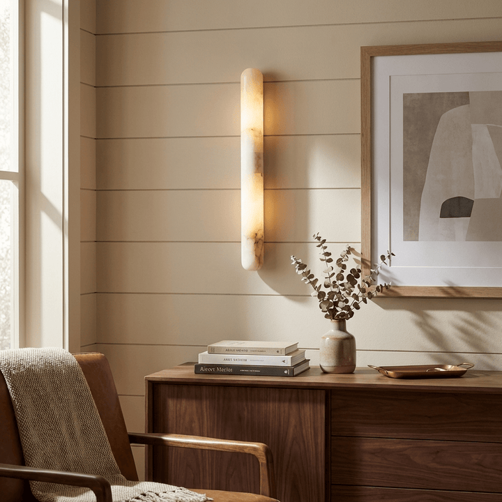 Slim Alabaster Cylinder Wall Light | White, Integrated LED