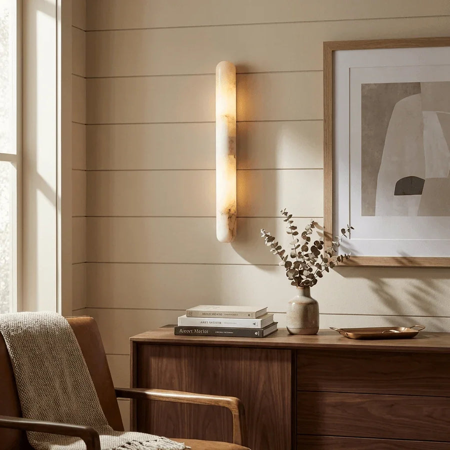 Slim Alabaster Cylinder Wall Light | White, Integrated LED
