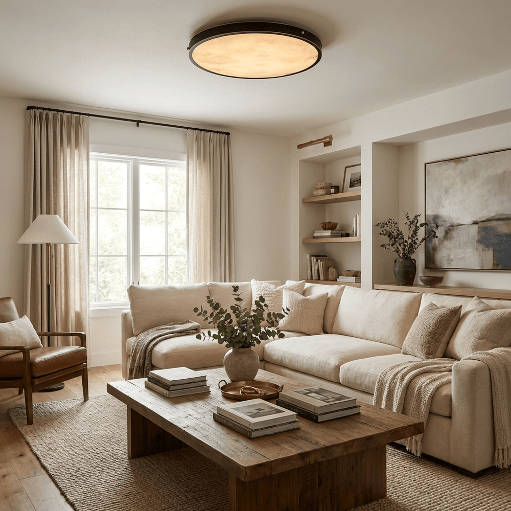 Round Alabaster Flush Ceiling Light | Gold or Black Frame