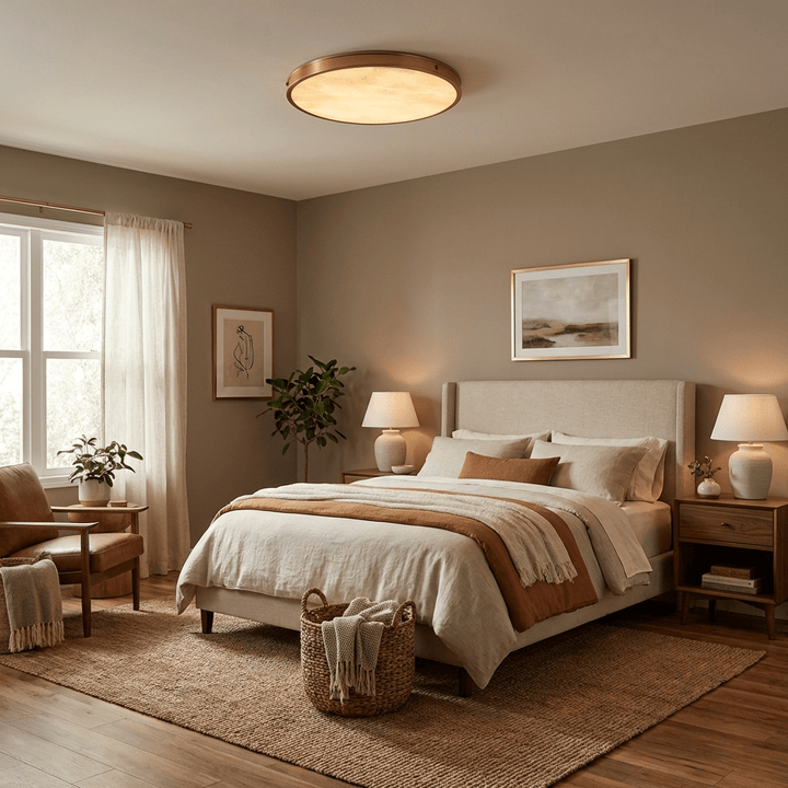 Round Alabaster Flush Ceiling Light | Gold or Black Frame