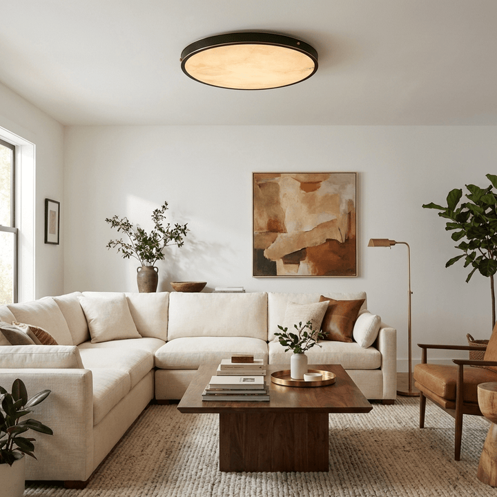 Round Alabaster Flush Ceiling Light | Gold or Black Frame