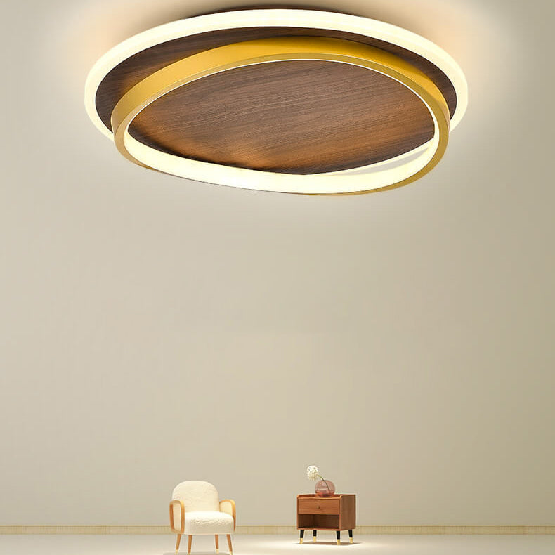 Nordic Minimalist Circular Walnut Grain LED Flush Mount Ceiling Light