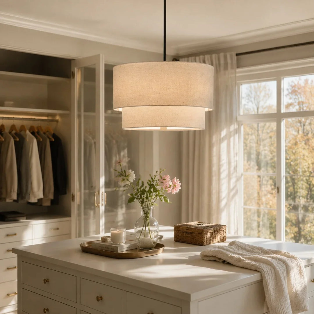 Beck Modern Fabric Natural Linen Double Drum Chandelier