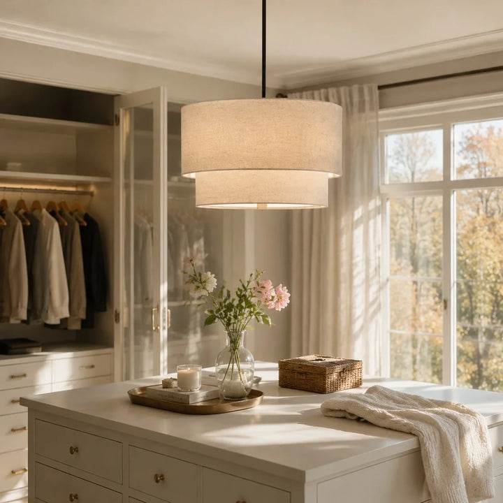 Beck Modern Fabric Natural Linen Double Drum Chandelier