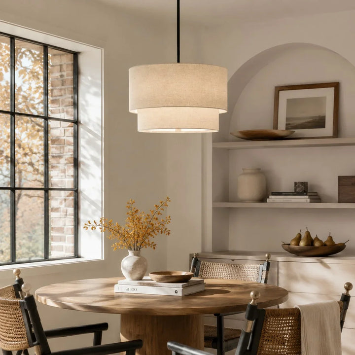Beck Modern Fabric Natural Linen Double Drum Chandelier