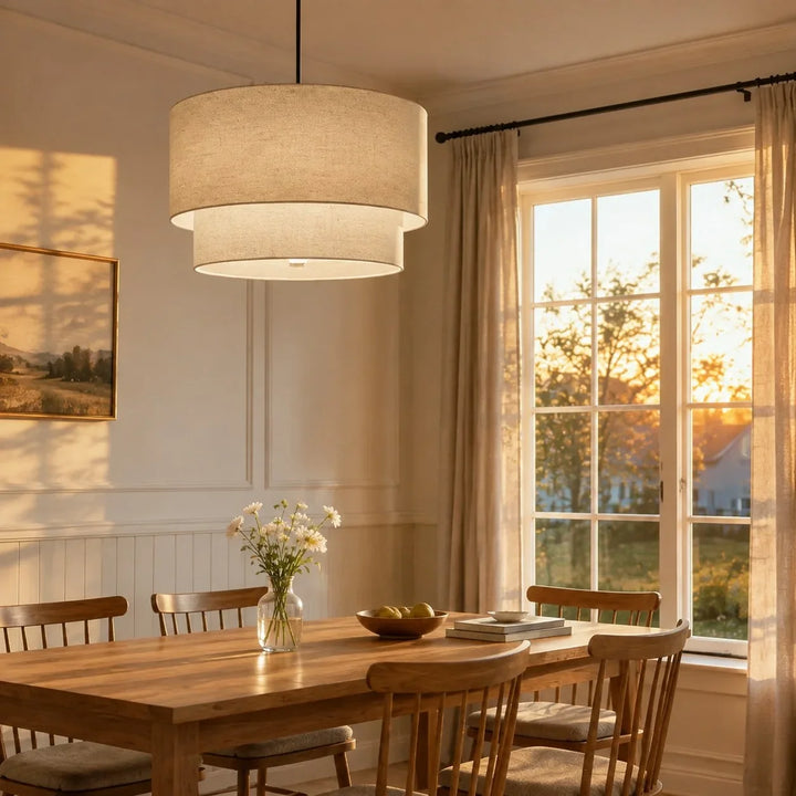 Beck Modern Fabric Natural Linen Double Drum Chandelier