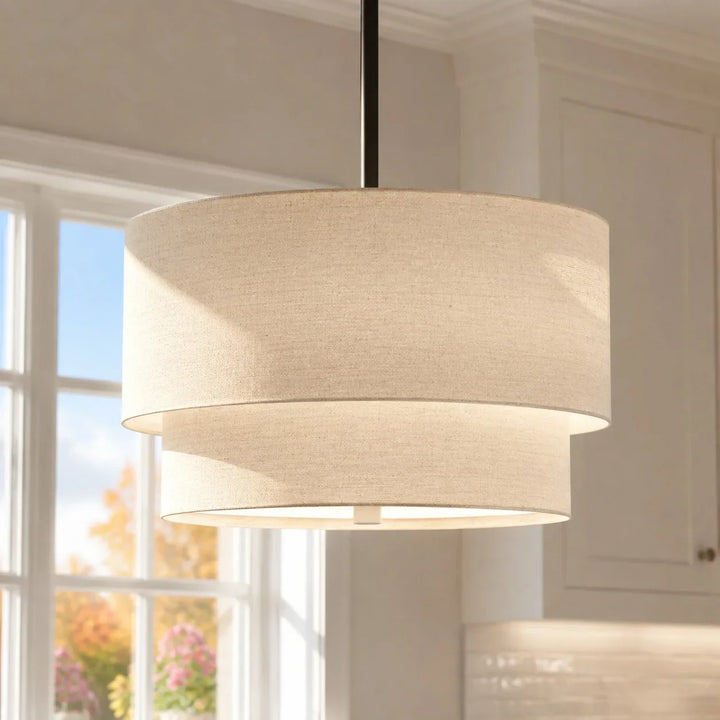 Beck Modern Fabric Natural Linen Double Drum Chandelier