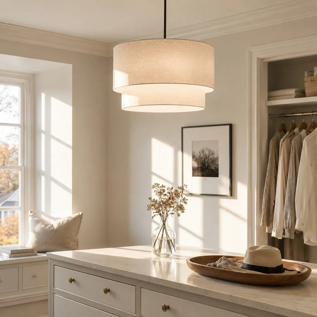 Beck Modern Fabric Natural Linen Double Drum Chandelier