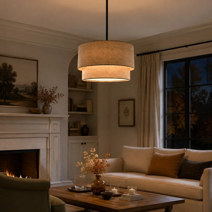 Beck Modern Fabric Natural Linen Double Drum Chandelier