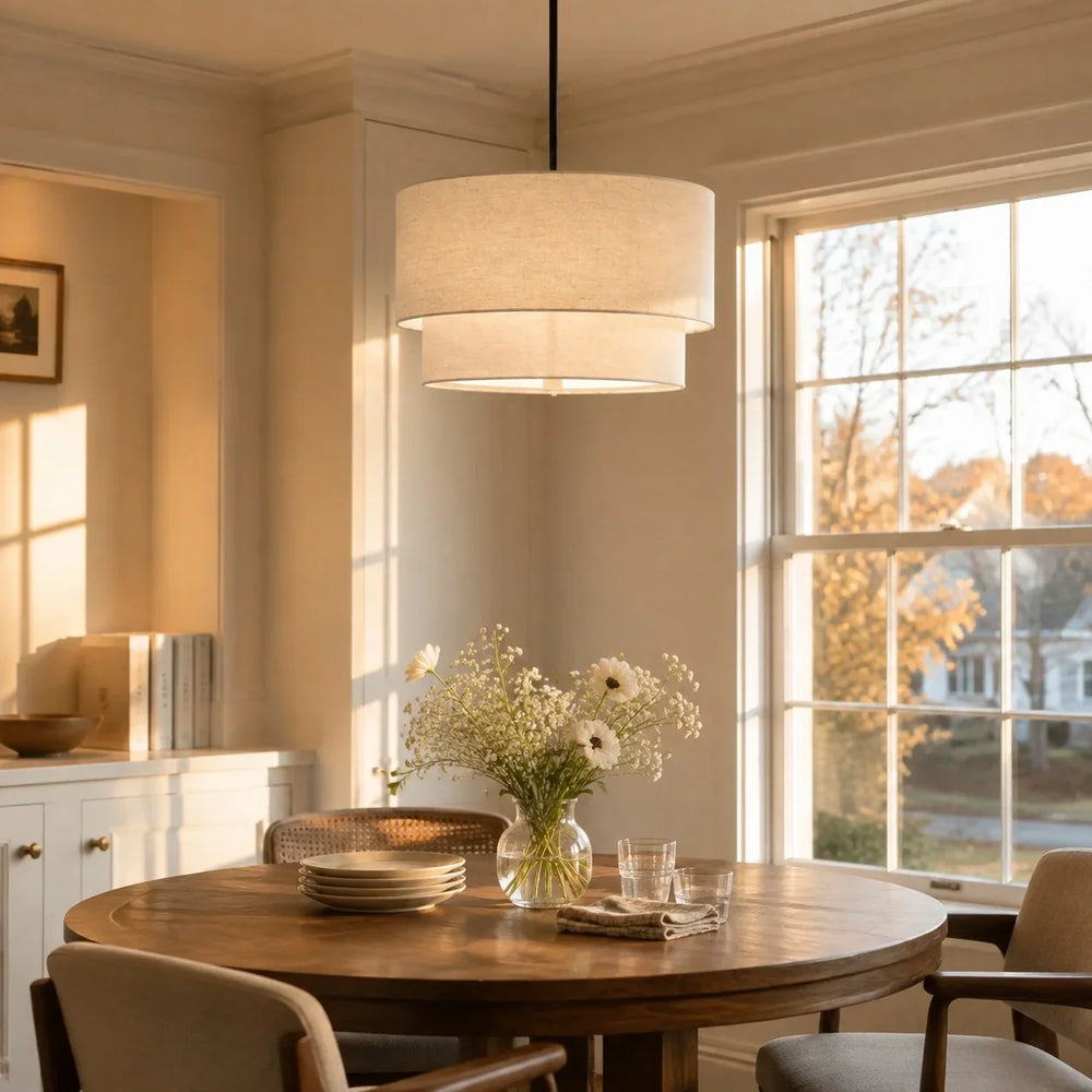 Beck Modern Fabric Natural Linen Double Drum Chandelier