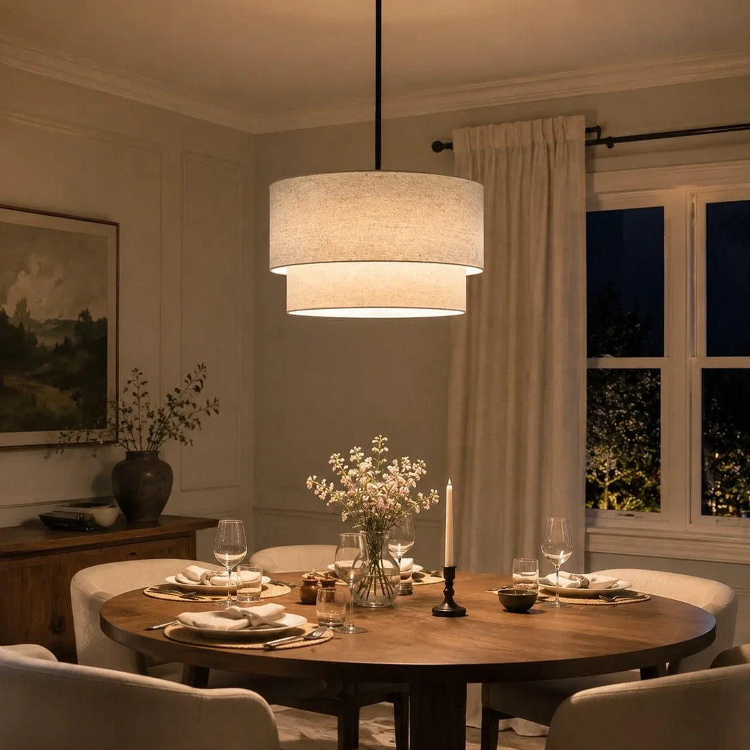 Beck Modern Fabric Natural Linen Double Drum Chandelier