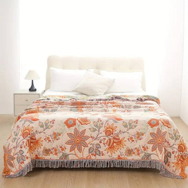 Boho Floral Cotton Throw | Four Layer Gauze with Tassels