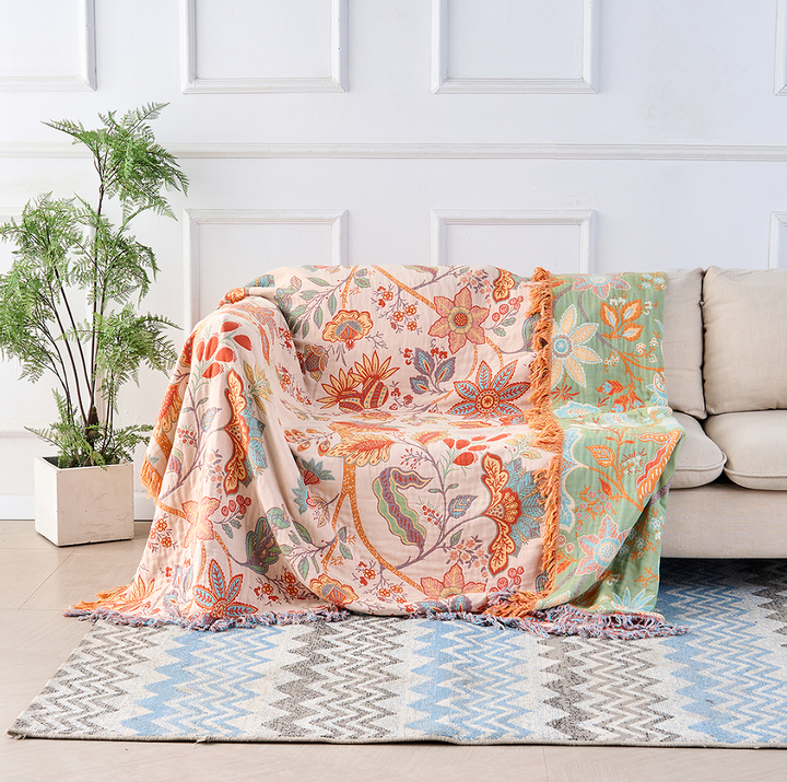 Boho Floral Cotton Throw | Four Layer Gauze with Tassels
