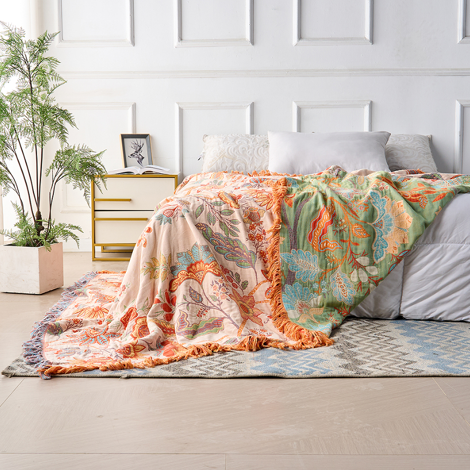 Boho Floral Cotton Throw | Four Layer Gauze with Tassels