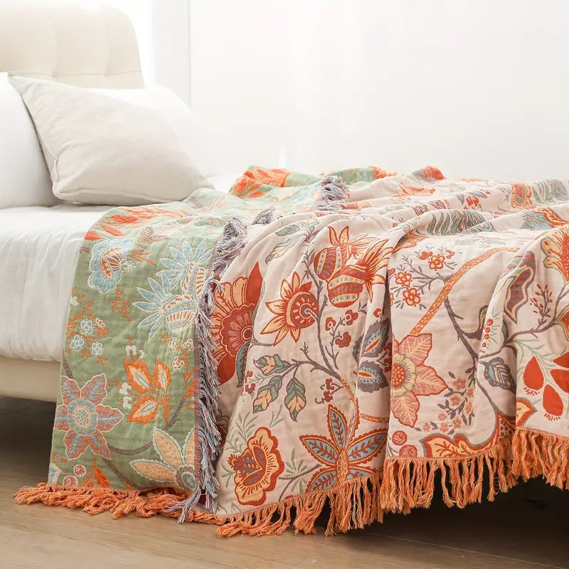 Boho Floral Cotton Throw | Four Layer Gauze with Tassels