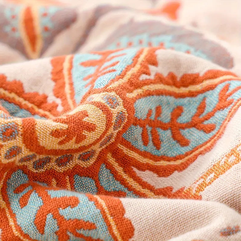 Boho Floral Cotton Throw | Four Layer Gauze with Tassels