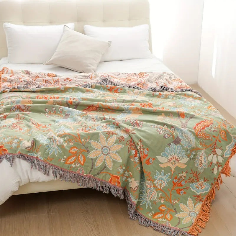 Boho Floral Cotton Throw | Four Layer Gauze with Tassels