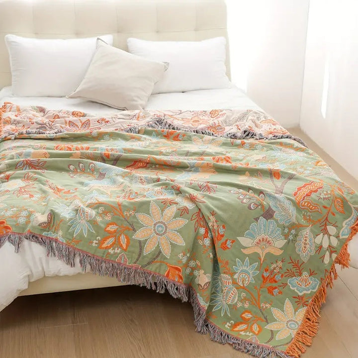 Boho Floral Cotton Throw | Four Layer Gauze with Tassels
