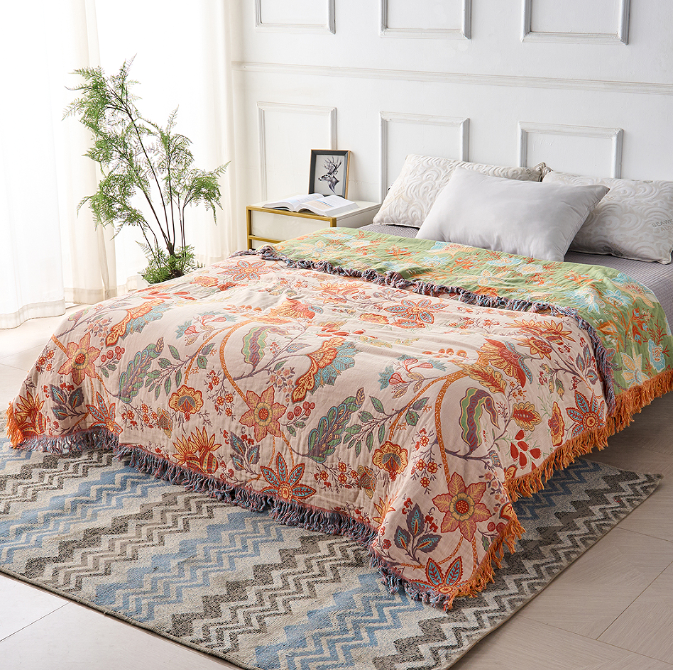 Boho Floral Cotton Throw | Four Layer Gauze with Tassels