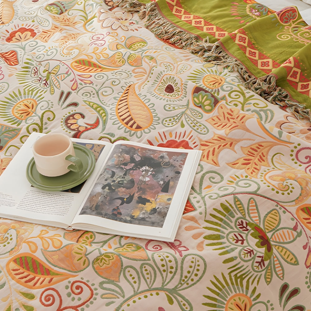 Boho Cotton Throw | Folk Art Pattern with Tassels